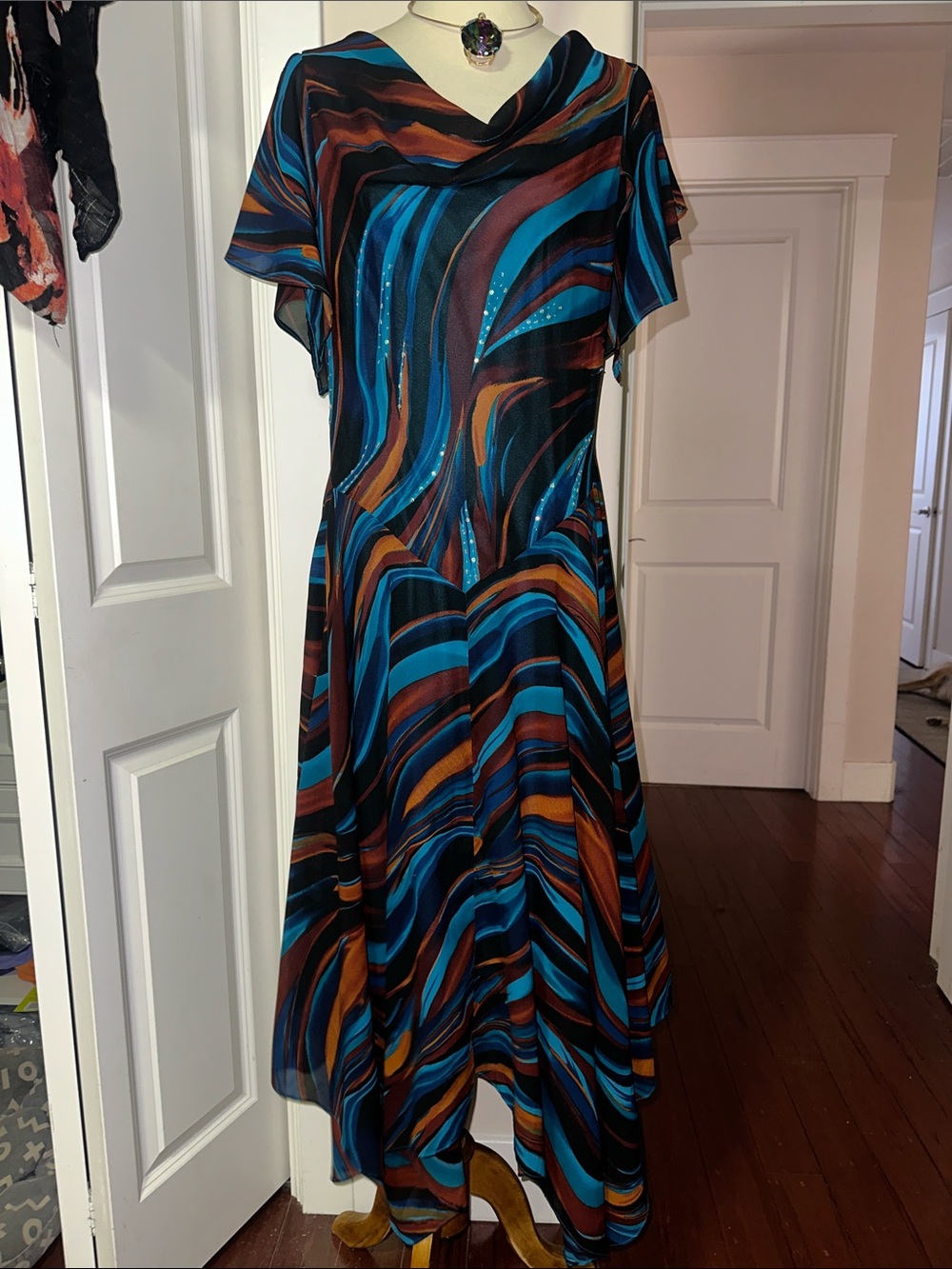 VTG Signature by Robbie Bee 90’sY2K Handkerchief Hem Swirl Dress Teal Copper EUC